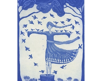 Inspirerend origineel kunstwerk, Bijna Vliegend, ets, handgedrukt, gesigneerd, Mariann Johansen-Ellis