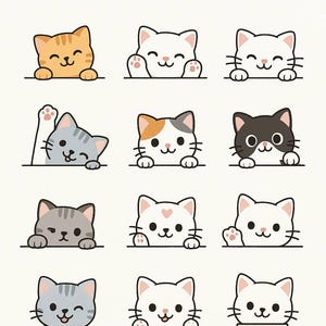 Gato fofo de desenho animado | Conjunto de gatinhos Kawaii PNG | Download digital para adesivos, cartões e arte de parede | Uso comercial