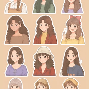 Cute Anime Girl Sticker Set – 12 Aesthetic Portrait Stickers – Digital Download (PNG, JPEG, PDF)