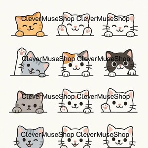 Imágenes prediseñadas de gato de dibujos animados lindo / Conjunto de PNG de gatito kawaii / Descarga digital para calcomanías, tarjetas, arte mural / Uso comercial