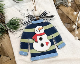 Blue and Green Stripe Snowman Ugly Christmas Sweater Ornament