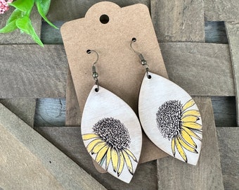 Large Sunflower Wood Engraved Earrings