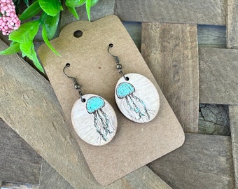 Engraved Wood Jellyfish Oval Earrings
