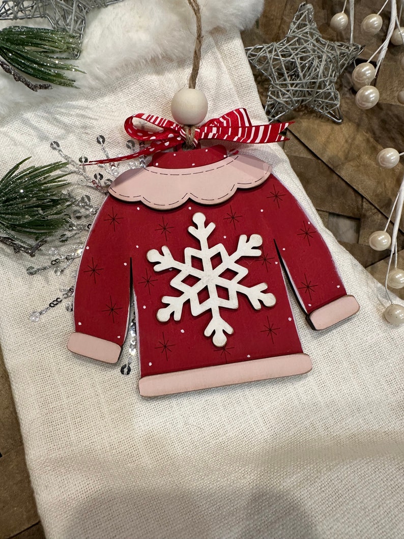 Red and Pink Snowflake Ugly Christmas Sweater Ornament image 5