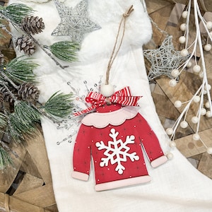 Red and Pink Snowflake Ugly Christmas Sweater Ornament image 1