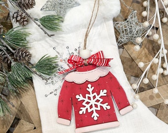 Red and Pink Snowflake Ugly Christmas Sweater Ornament