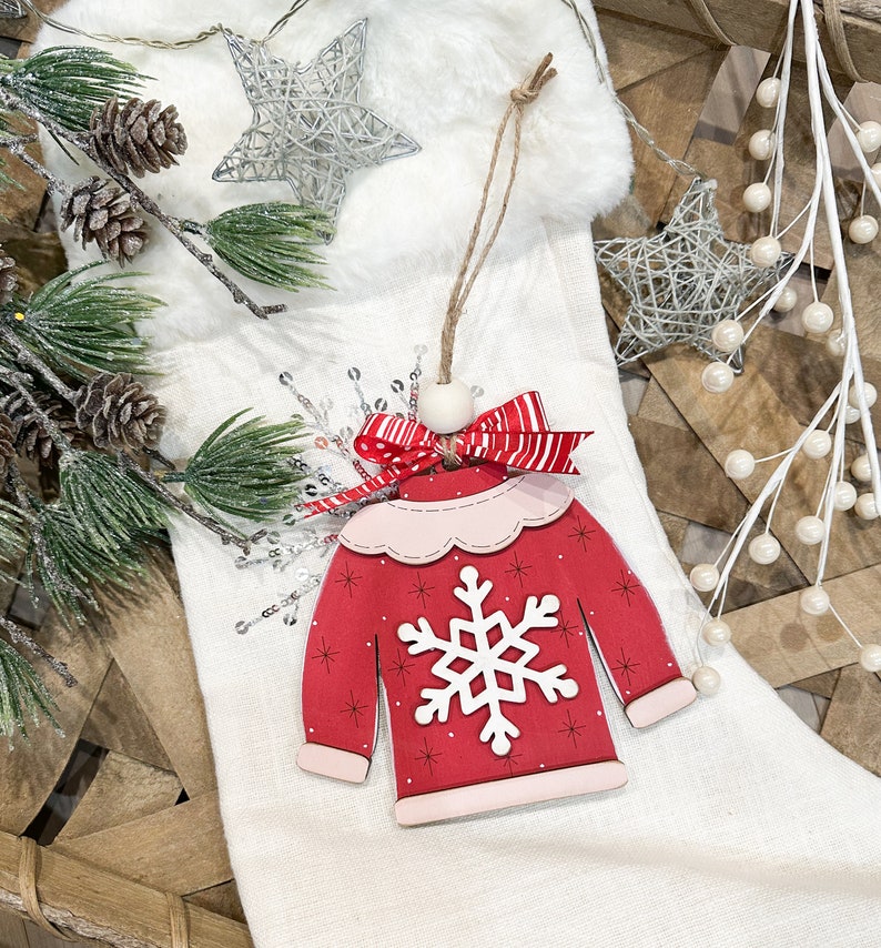 Red and Pink Snowflake Ugly Christmas Sweater Ornament image 1