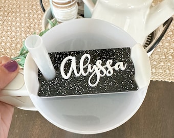 20oz, 30oz, 40oz Personalized Tumbler Name Tag, Black Glitter Acrylic Name Plate