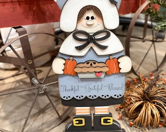 Thanksgiving Pilgrim Girl | Shelf Sitter | Fall Standing Home Decor | Thankful Grateful Blessed