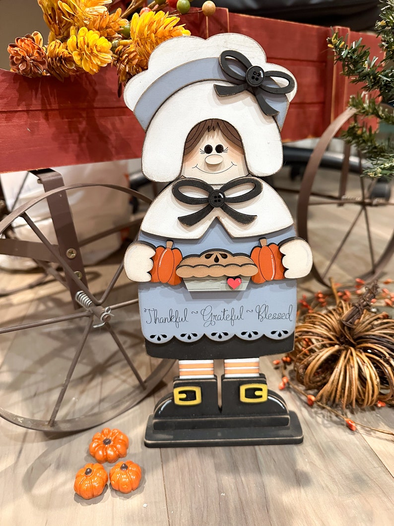 Thanksgiving Pilgrim Girl Shelf Sitter Fall Standing Home Decor Thankful Grateful Blessed image 1