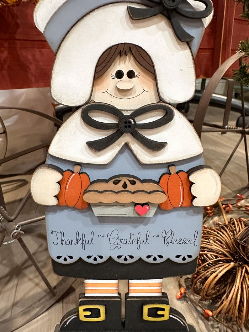 Thanksgiving Pilgrim Girl Shelf Sitter Fall Standing Home Decor Thankful Grateful Blessed image 2