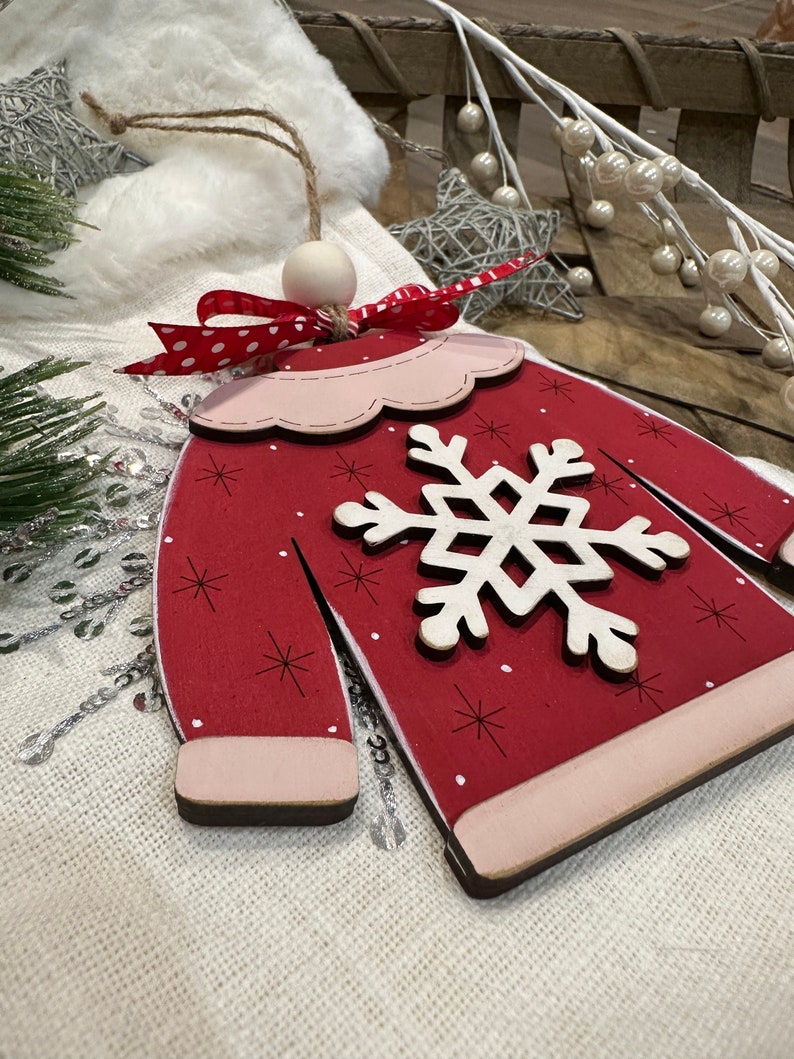 Red and Pink Snowflake Ugly Christmas Sweater Ornament image 2