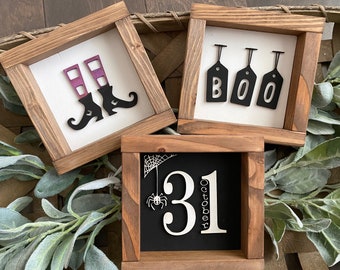 Set of Three Mini Halloween Wood Signs | Farmhouse Style | Witches Boots | Boo | October 31 | Rustic Home Decor | Halloween Decorations
