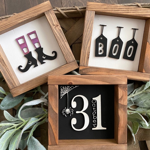 Set of Three Mini Halloween Wood Signs | Farmhouse Style | Witches Boots | Boo | October 31 | Rustic Home Decor | Halloween Decorations