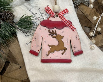 Reindeer Pink and Red Ugly Christmas Sweater Ornament