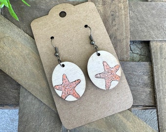 Engraved Wood Oval Shaped Starfish Earrings