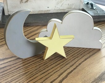 Cloud, Moon, and Star Wooden Decor Accent Pieces | Nursery Decor | Nursery Wall Art | Baby Room Decor | Baby Shower Decorations | B