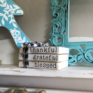 Mini Book Stacks | Farmhouse Style | Thankful, Gratefull, Blessed | Rustic Home Decor | Tier Tray | Set of 3 | Book Bundle | Wood Books