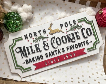 North Pole Milk and Cookies Santa Sign | Christmas Signs | Holiday Home Decor