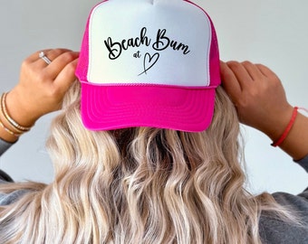 Beach Bum at HeartTrucker Hat. Summer Baseball Hat. Beach Hair Trucker Hat. Gift for Her. Gift for Him.