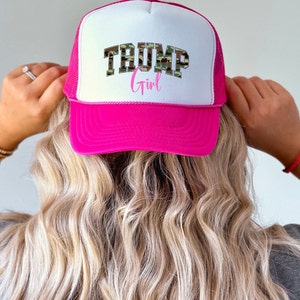 Trump Girl Trucker Hat. Trump 2024 Hat. Trump &#39;24 Hat. Make America Great Again Cap. MAGA Baseball Hat. Camo Trucker Hat. Gift for Her.