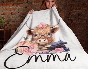 Custom Personalized Cow Reading with a Name Velveteen Plush Blanket. Christmas gift. Gift for Her.