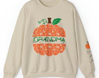 Custom Personalized Grandma Nana Mimi Mama Thanksgiving Pumpkin Crewneck Sweatshirt. Unisex Heavy Blend™ Crewneck Sweatshirt