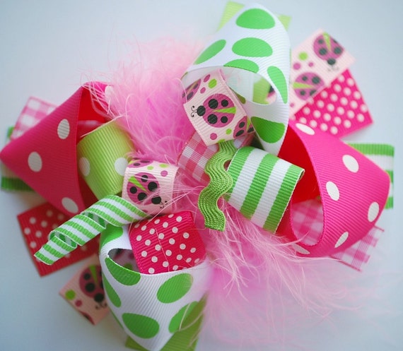 Items similar to boutique PINK LADYBUG FUNKY fun hair bow clip on Etsy