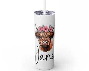 Custom Personalized Highland Cow Skinny Tumbler with Straw, 20oz. Gift for her. Animal Farmhouse Skinny Tumbler.