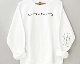 Auntie Mama Nana Mini Grandma Personalized Crewneck Sweatshirt with custom names on the sleeve. Unisex Heavy Blend™ Crewneck Sweatshirt