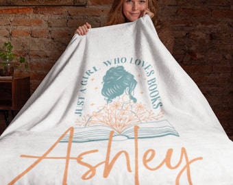 Custom Personalized Book Lover Velveteen Plush Blanket. Just a Girl Who Loves Reading blanket. Christmas gift. Gift for Her.