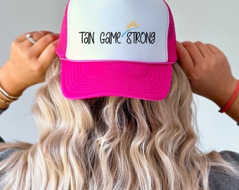 Tan Game Strong Summertime Trucker Hat. Tan Girl Baseball Hat. Beach Hair Trucker Hat. Gift for Her. Gift for Him.