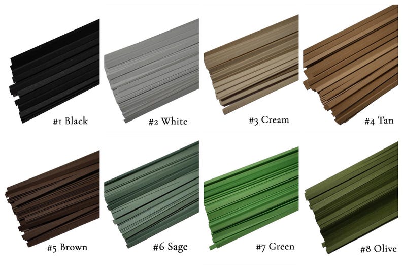 May include: Eight bundles of thin, flat, flexible craft wire in various colors: black, white, cream, tan, brown, sage green, green, and olive green. Each bundle is labeled with a number and color name.