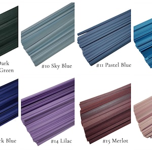 May include: Assortment of 10 colors of craft paper straws, including dark blue-green, sky blue, pastel blue, cyan, dark blue, lilac, merlot, and light pink. The straws are arranged in rows, with each color labeled with a number.