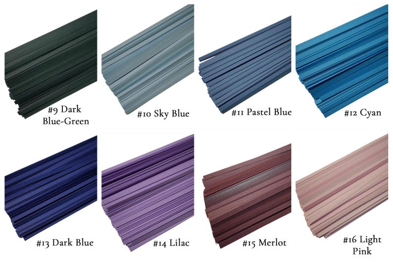 May include: Assortment of 10 colors of craft paper straws, including dark blue-green, sky blue, pastel blue, cyan, dark blue, lilac, merlot, and light pink. The straws are arranged in rows, with each color labeled with a number.