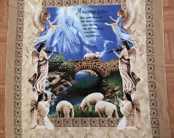 Amazing Grace panel,  Angels, Angel horn, Jesus figure in clouds, Quilt panel. Lap Quilt, Great gift, Birthday, Christmas