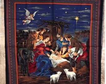 Birth of Baby Jesus, Manger Scene, Lap quilt, Fabric panel, Gift Baby shower