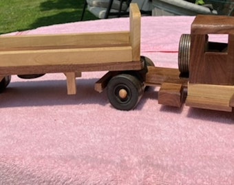 Toy truck tractor and side wall trailer big truck made with solid hardwood built to last