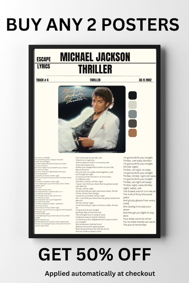 Michael Jackson Thriller Lyrics Poster, 80s Music Art (digital Download ...