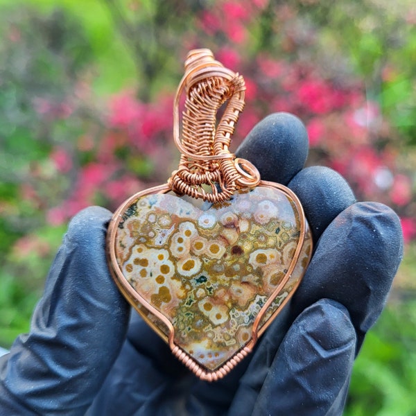 River Jasper Pendant, Crystal Heart Pendant, Handmade Crystal Jewelry, Copper Wire Wrap Pendant, Orbicular Jasper