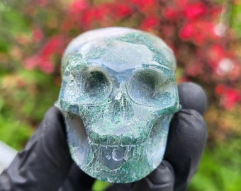May include: A carved skull made of translucent green and white stone. The skull has detailed features, including eye sockets, a nose cavity, and a full set of teeth. The stone has a mossy appearance, with green inclusions throughout. The skull is held by a gloved hand.