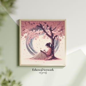Cherry Blossom Girl Wall Art, Serene Spring Writing Poster, Peaceful Sakura Tree Art Print for Cozy Rooms, Journaling, and Calm Spaces