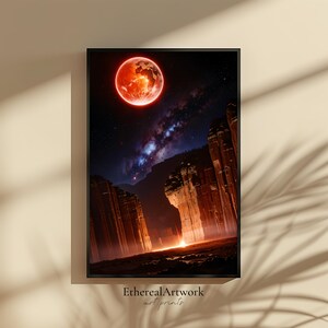 Alien Planet Sci-Fi Wandkunst, Fantasy Alien Landschaft, Weltraum Wandkunst, Weltraum, Galaxie, Astronomie, Universum, kosmisch, fertig zum Aufhängen