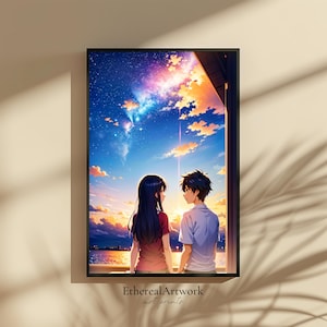 Atardecer romántico junto al lago, impresión artística de anime, arte de pared para parejas, cielo estrellado, póster de amor inspirador de una tarde de ensueño, decoración caprichosa para el hogar
