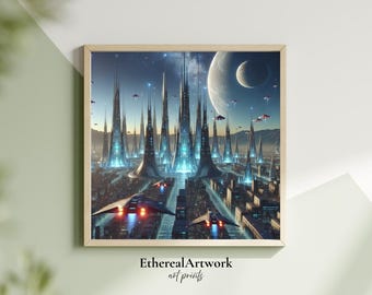 Futuristic Alien City Wall Art, Sci-Fi Spaceship Skyline Poster, Galactic Empire Landscape Print, Cosmic Home or Gamer Room Decor