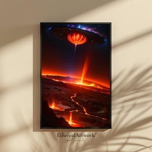 Alien Planet Sci-Fi Wandkunst, Fantasy Alien Landschaft, Weltraum Wandkunst, Weltraum, Galaxie, Astronomie, Universum, kosmisch, fertig zum Aufhängen