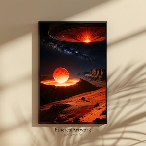 Alien Planet Sci-Fi Wandkunst, Fantasy Alien Landschaft, Weltraum Wandkunst, Weltraum, Galaxie, Astronomie, Universum, kosmisch, fertig zum Aufhängen
