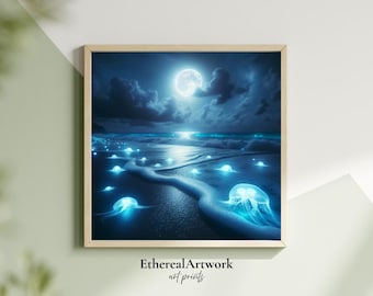 Glowing Jellyfish on Moonlit Beach Wall Art, Bioluminescent Ocean Fantasy Poster, Dreamy Night Sea Print for Coastal or Sci-Fi Decor