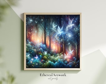 Mystical Forest Wall Art, Magical Wall Art, Glowing Fairy poster, Boho Decor, Enchanted Forest Art, Fantasy Home Decor, Enchanted Forest Art
