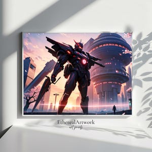 Robot samurái cibernético en ciudad futurista, impresión artística de guerrero mecha, decoración de pared de ciencia ficción, póster ciberpunk, decoración moderna del hogar, arte de pared de anime